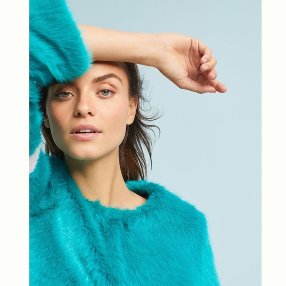 Anthropologie Turquoise Faux Fur Coat - Picture 3 of 9